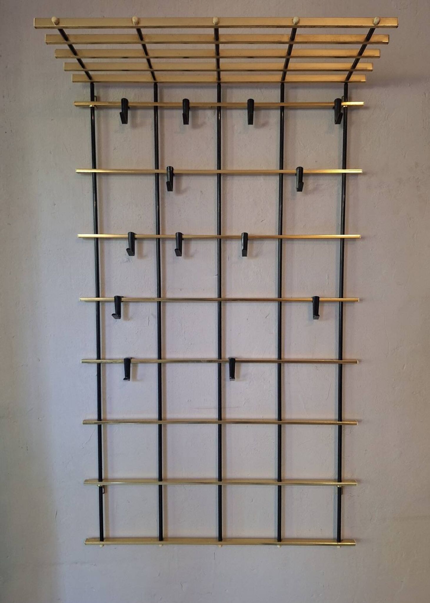Wall mounted brass and metal coat and hat rack, 1960s
