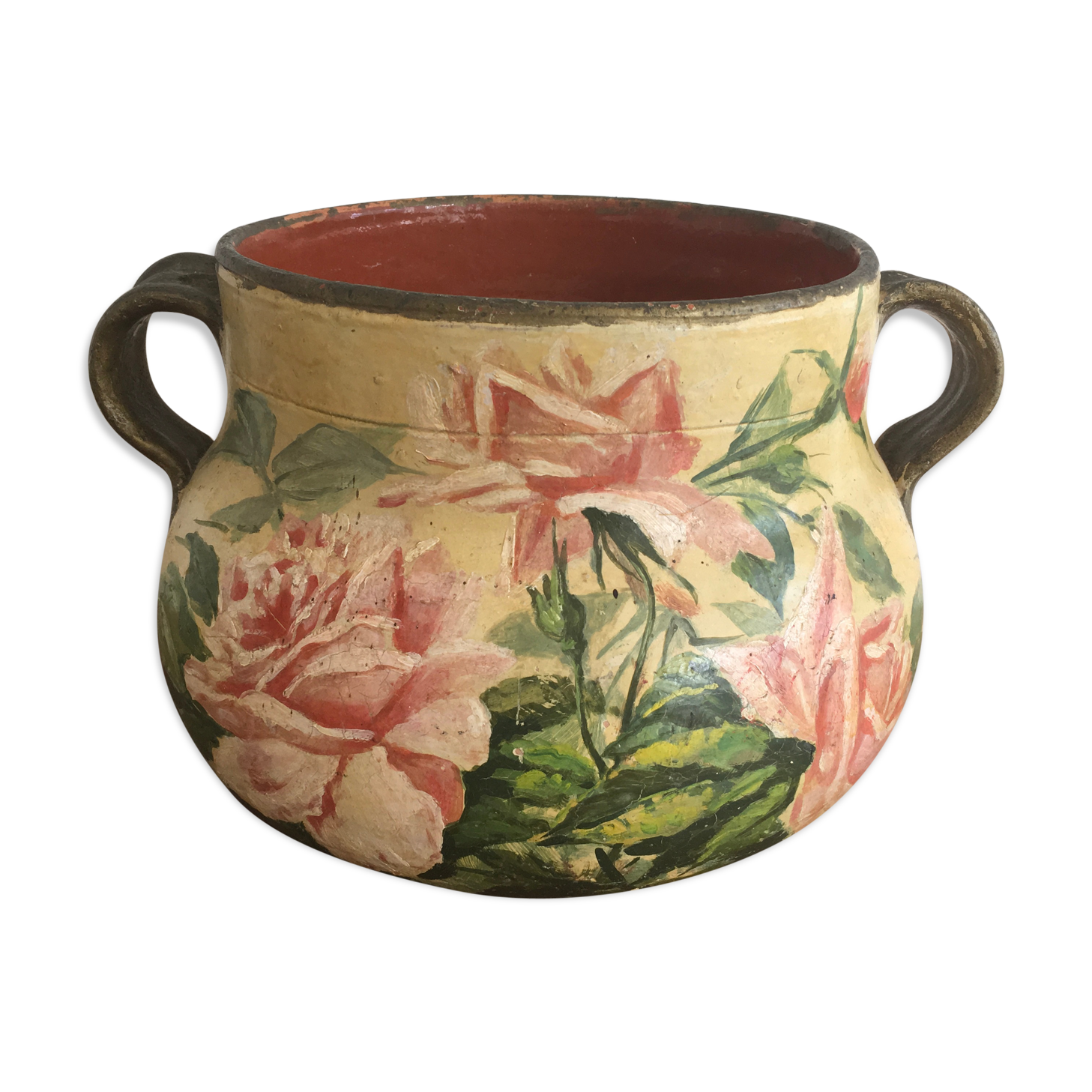 Old terracotta pot painted 50s - floral pattern