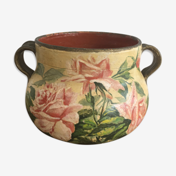Pot en terre cuite ancien peint années 50 motif fleuri