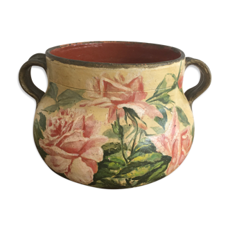 Old terracotta pot painted 50s - floral pattern