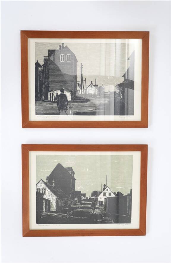 Set of 2 mid-century Erling Juhl wood prints in original larch wood frames / 1960s