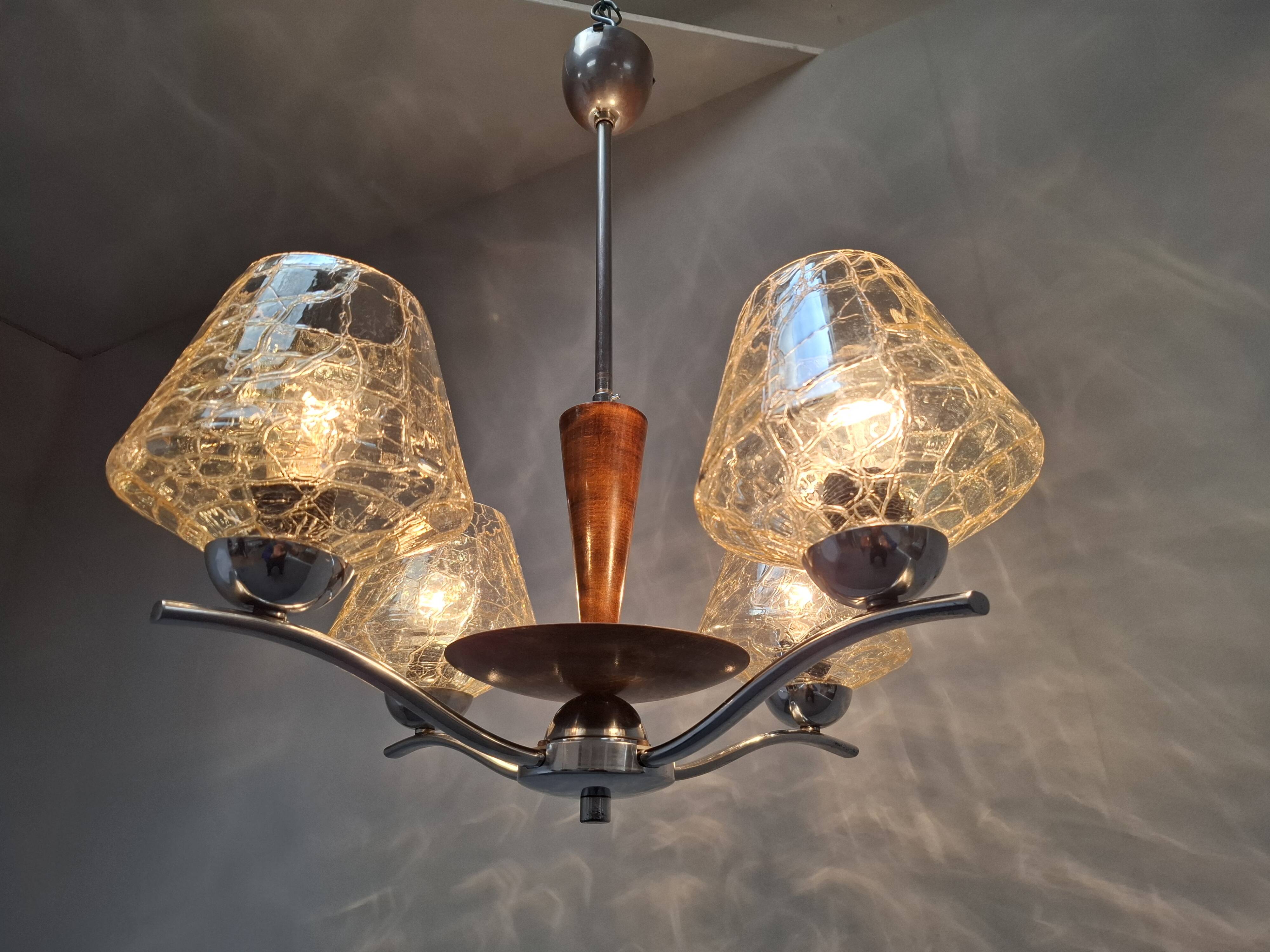 1960s Napako Mid-Century Modern Czech Four-Arm Glass Wood Chrome Chandelier