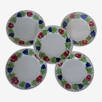 5 assiettes Luneville Badonviller faience ancienne  385012 fleurs rouges