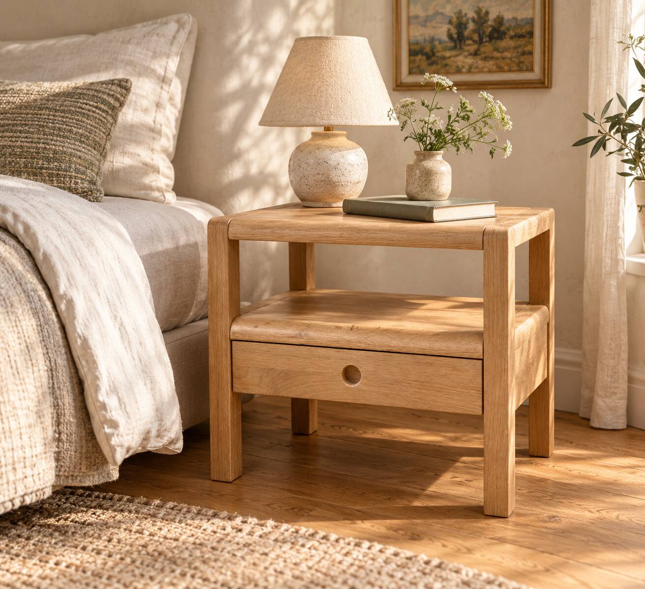 Habitat Radius bedside table in oak, design by Simon Pengelly.