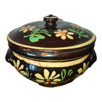 Ancien pot avec couvercle Terrine en grès Vernissé émaillé multicolore à décor floral