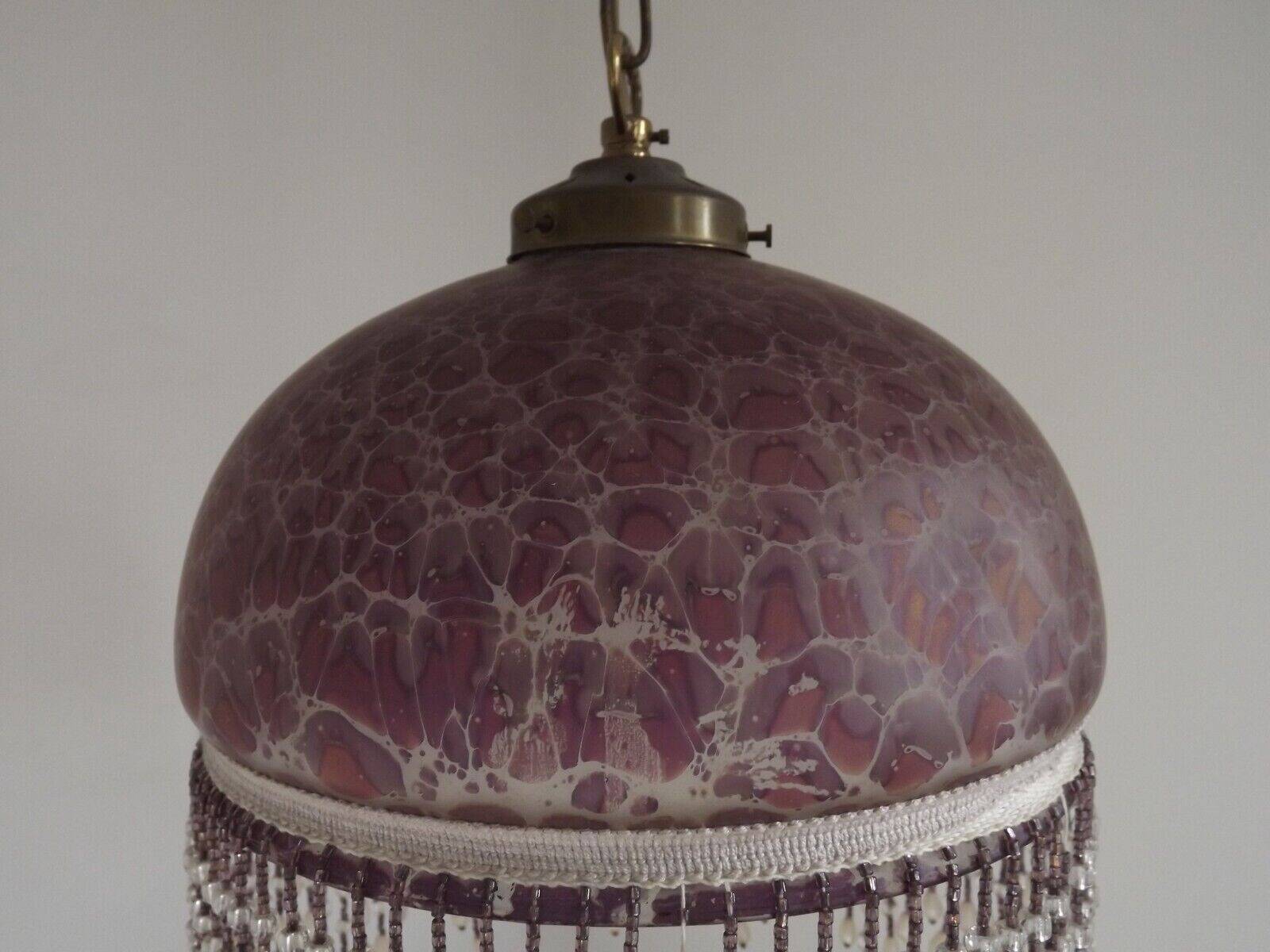 French Mid Century Purple Art Glass Ceiling Light Beaded Fringed Shade 4491