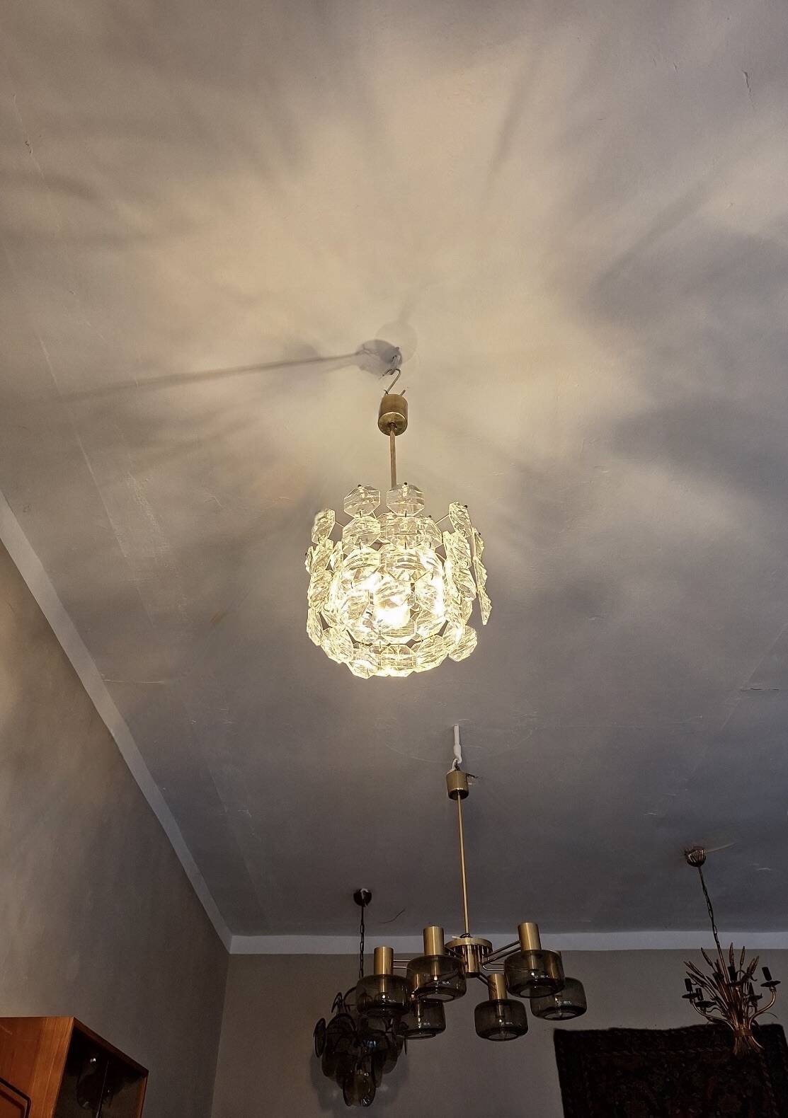 Kinkeldey brass and faceted glass 3- level chandelier, 1960s