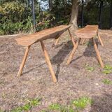 Pair of brutalist wooden benches – 70s design style