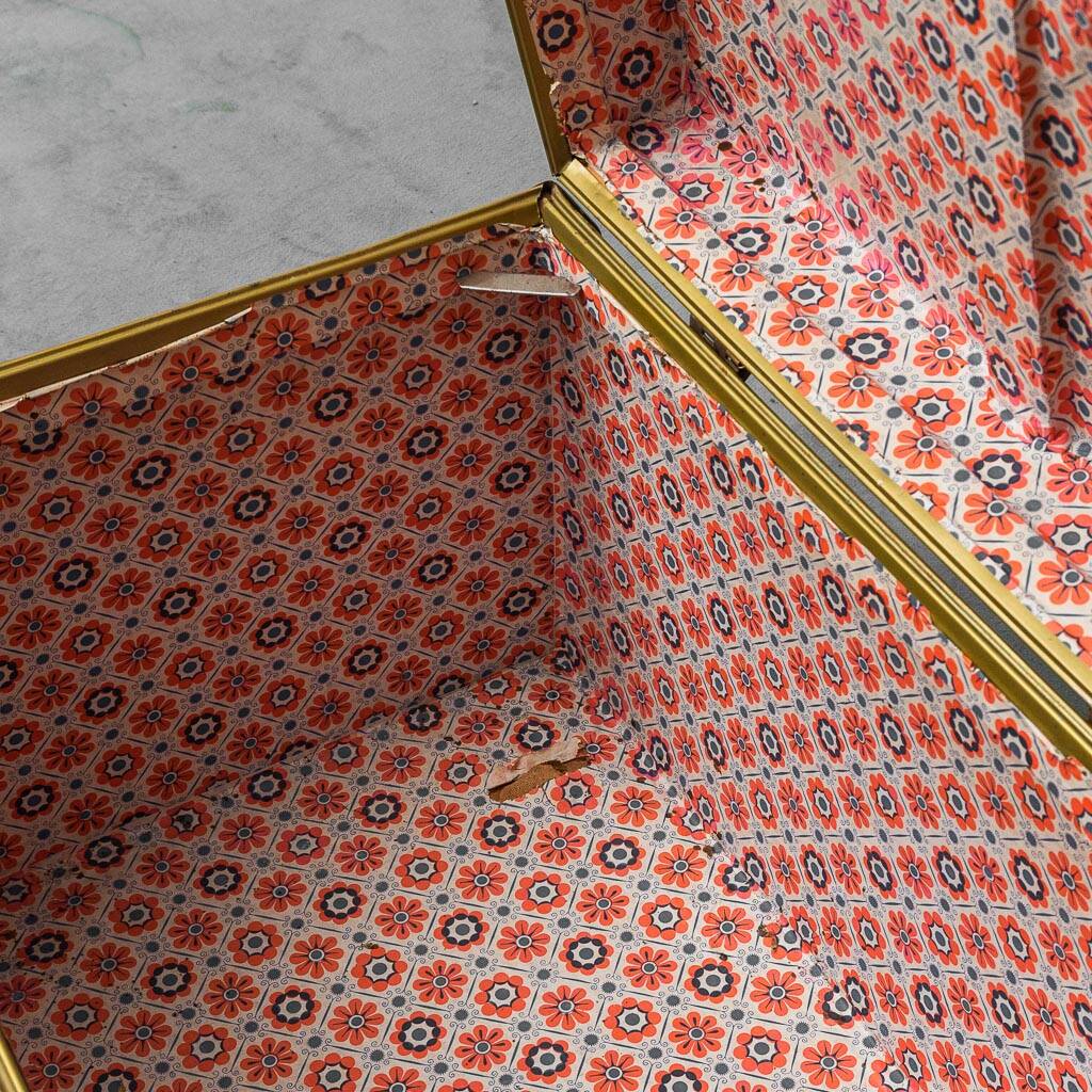 Vintage metal chest with red leather covering, 1950s