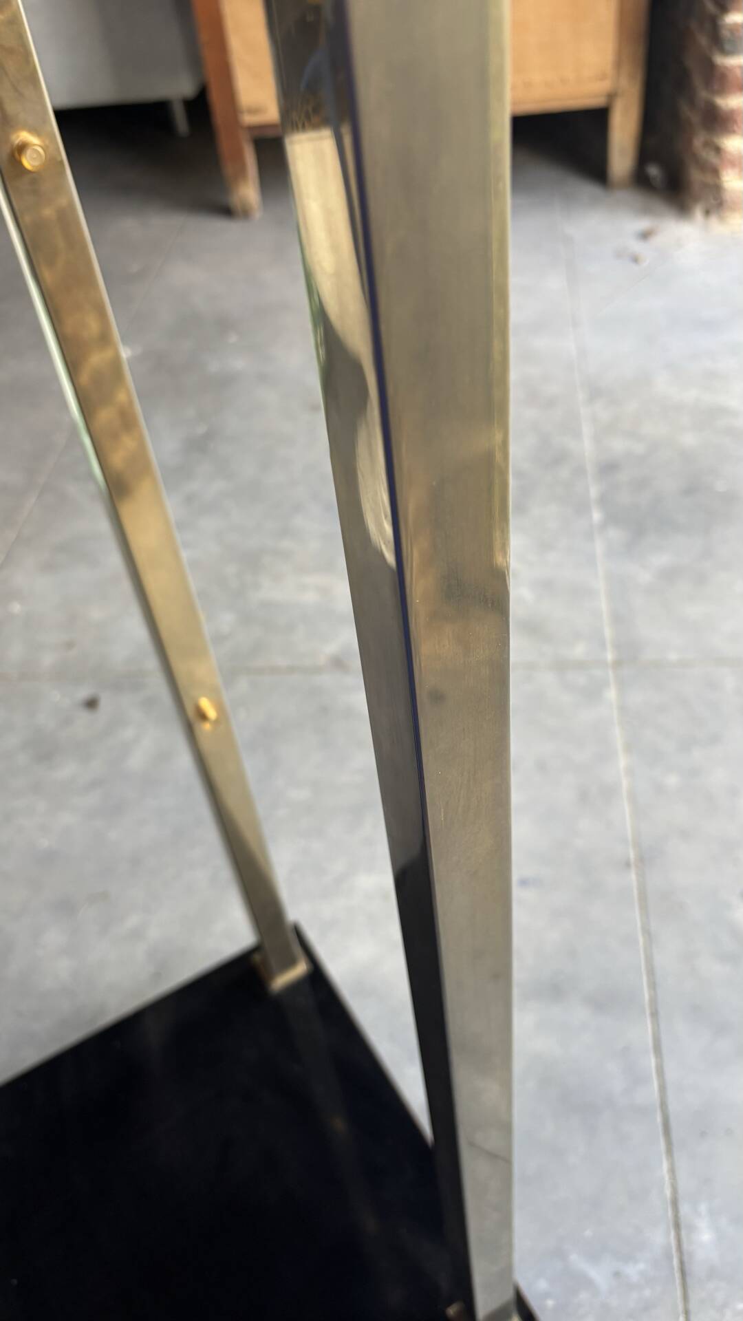 Brass and smoked glass shelf, Belgian chrome, 1980.