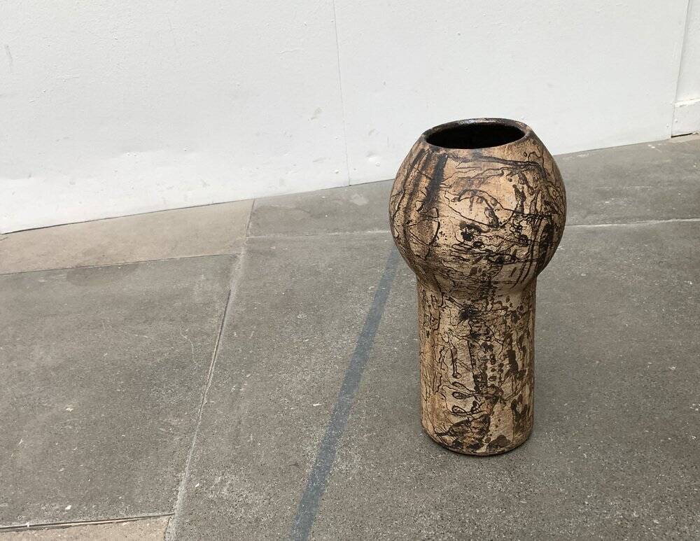 Brutalist Mid-Century Vase in German Ceramic by Gerhard Liebenthron, 1977