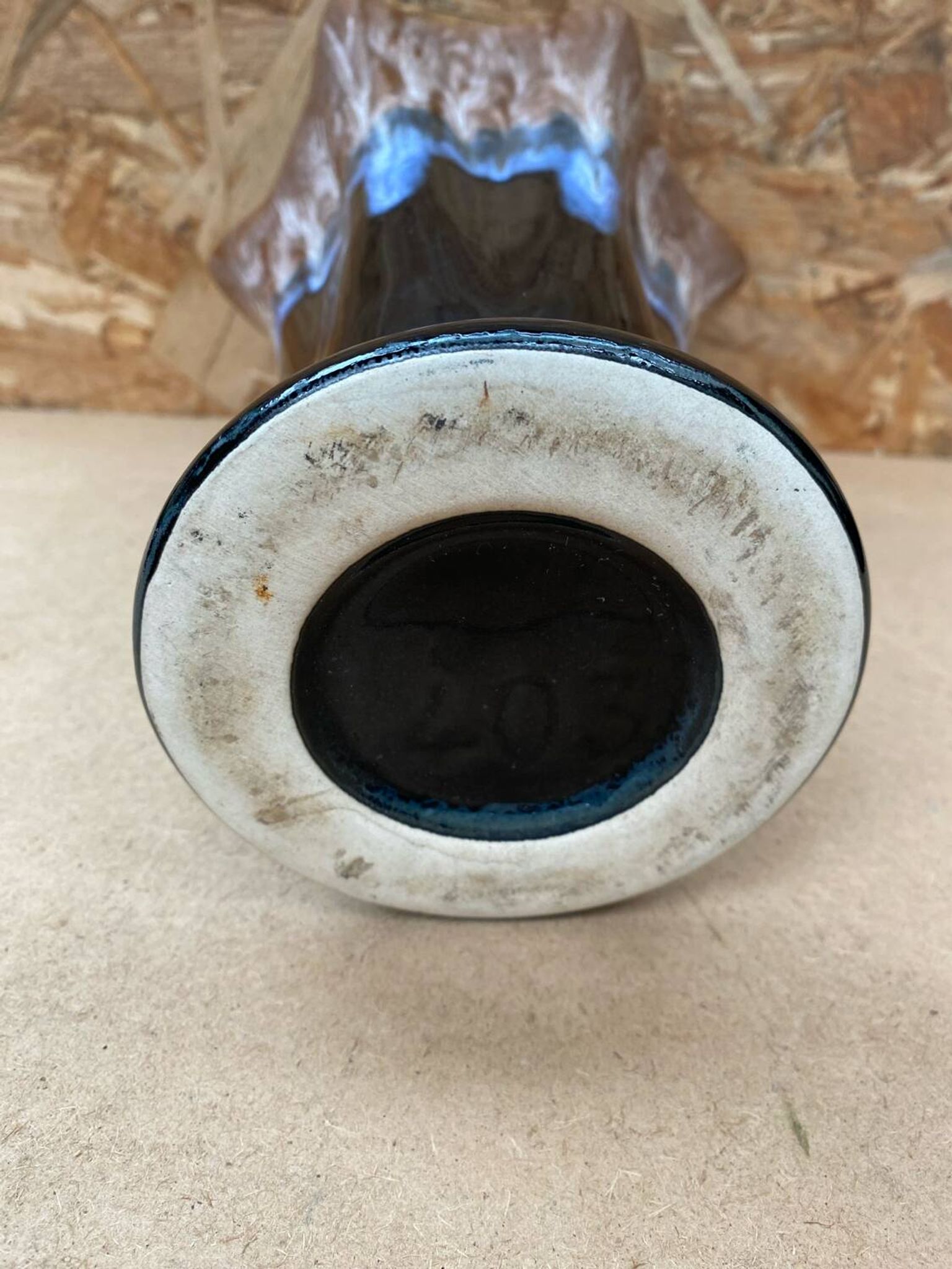 Antique Vallauris Style Ceramic Vase Black Blue Beige Vintage