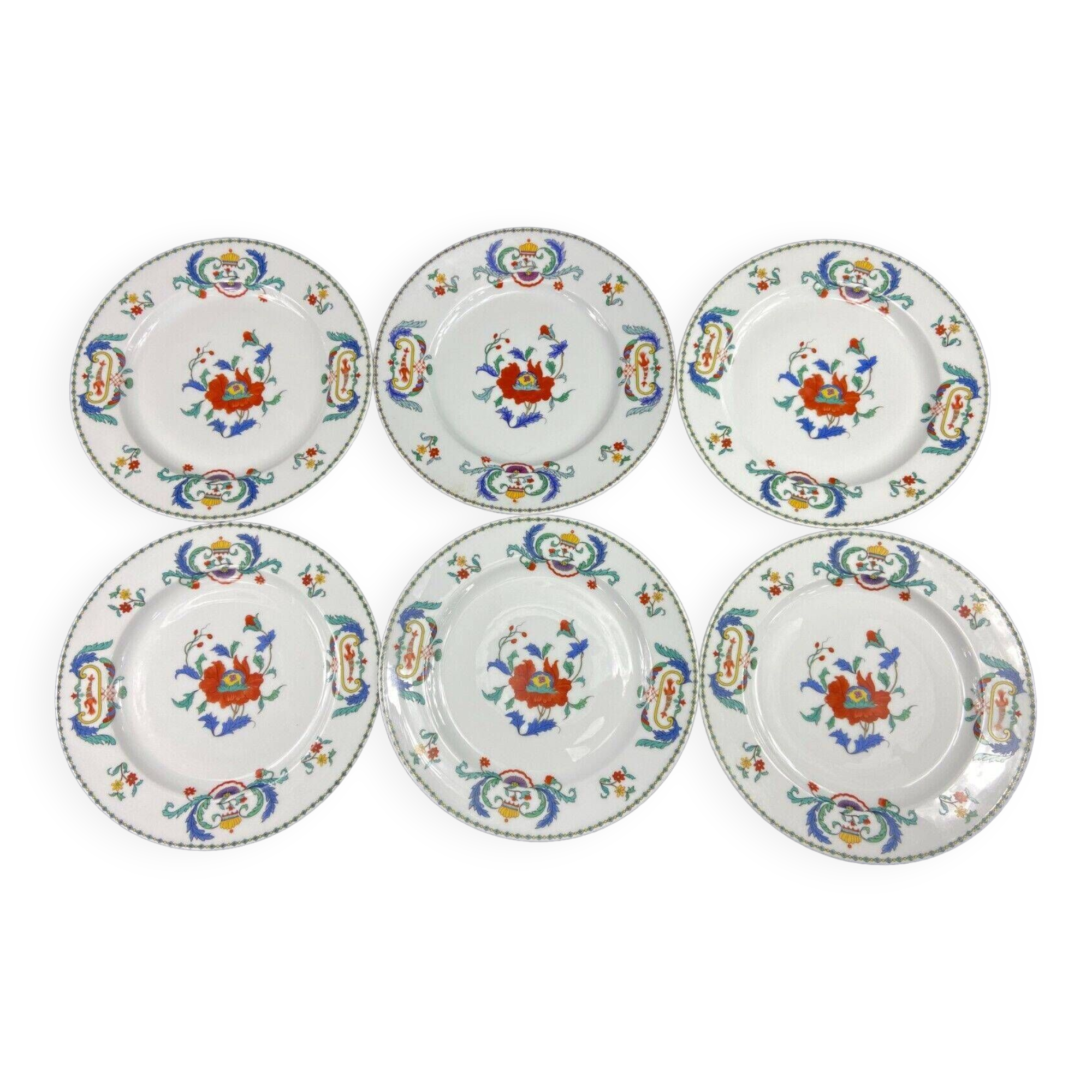 Suite de 6 assiettes plates porcelaine de Paris décor Pavot | Selency