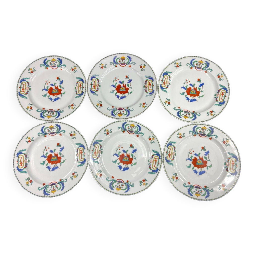Suite de 6 assiettes plates porcelaine de Paris décor Pavot