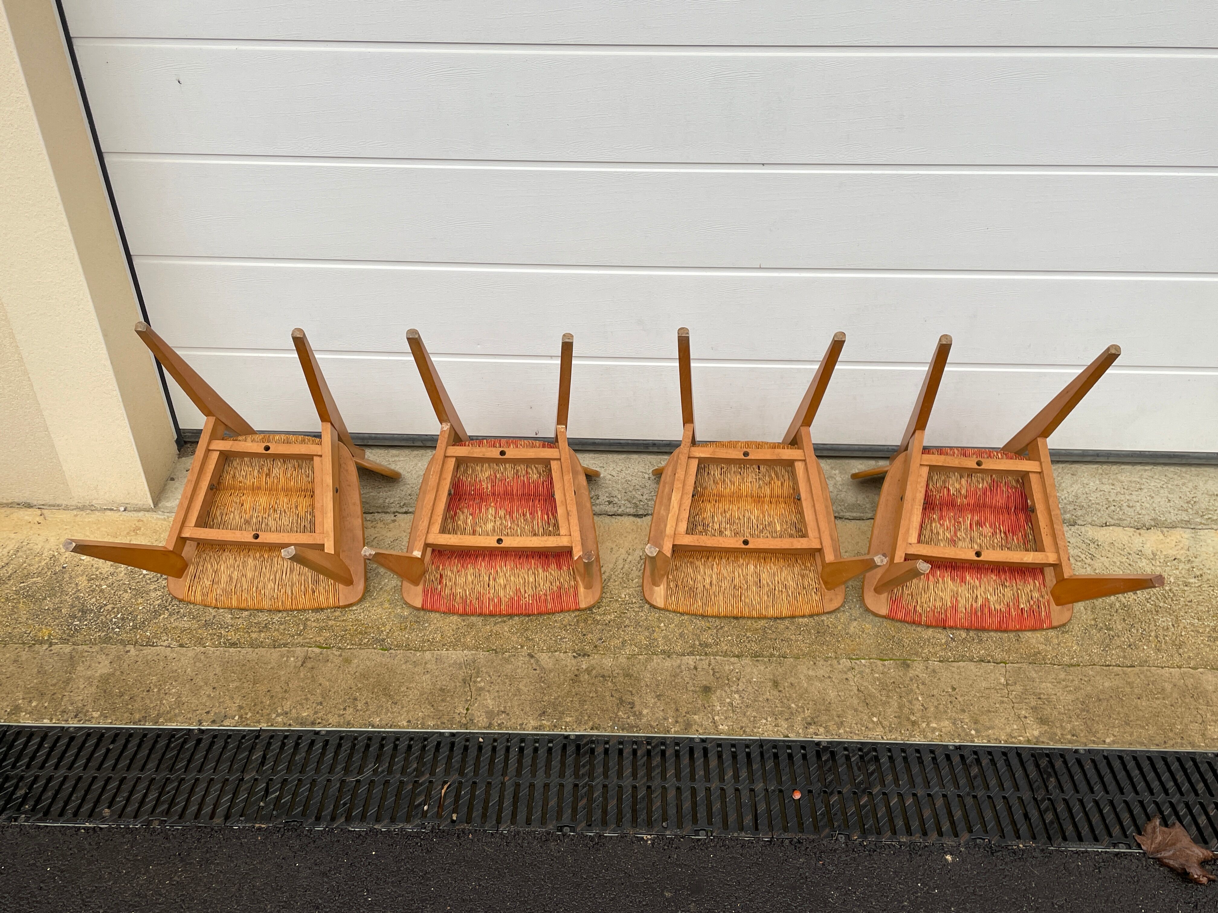 Série de 4 chaises paillées 1950 Roger landault  éditeur robert sentou