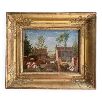 Peinture à l'huile de paysage figuratif « Les lavandières au bord de la rivière » du milieu du XIXe siècle