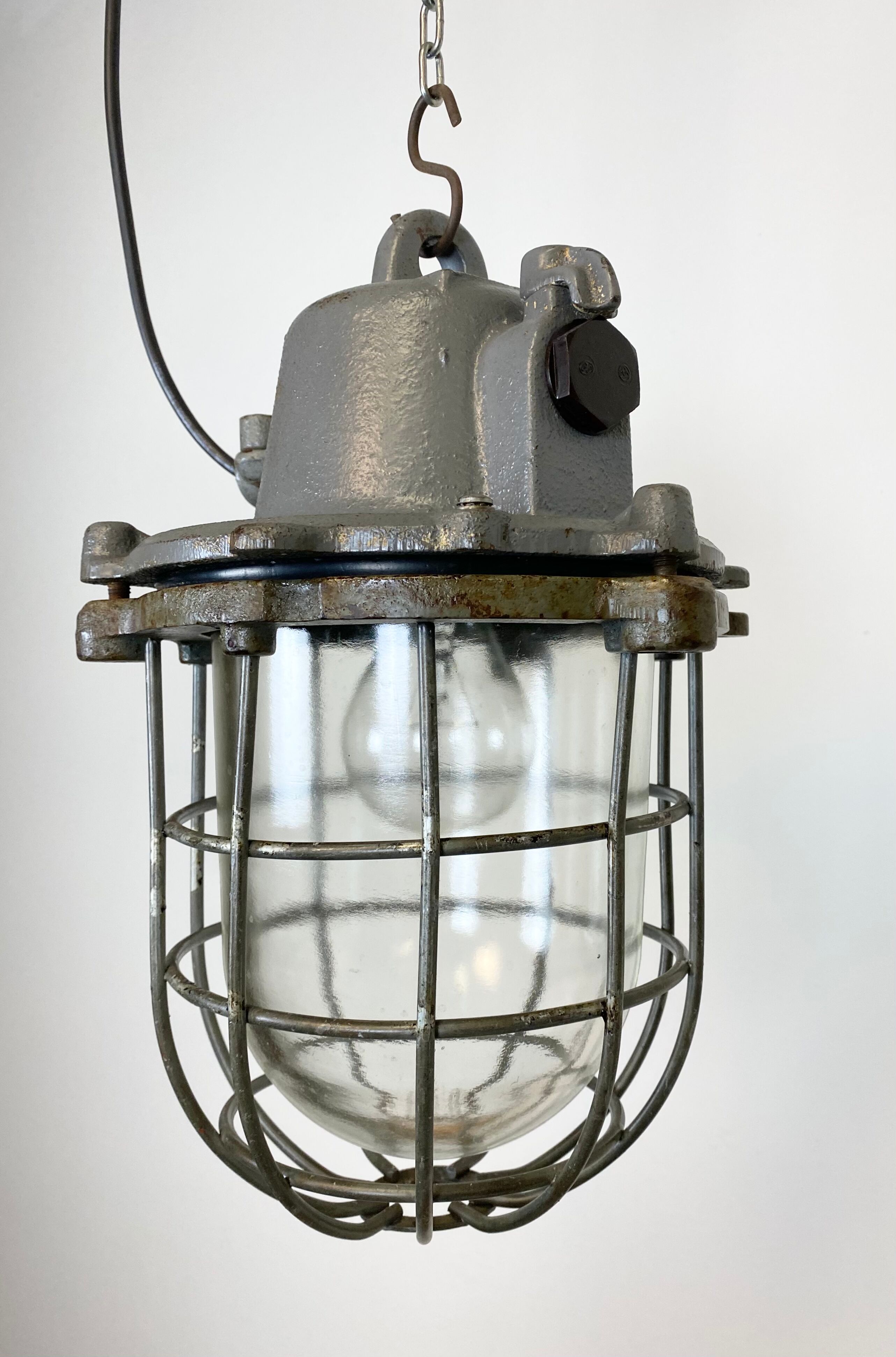 Grey Industrial Cast Iron Cage Pendant Light, 1960s