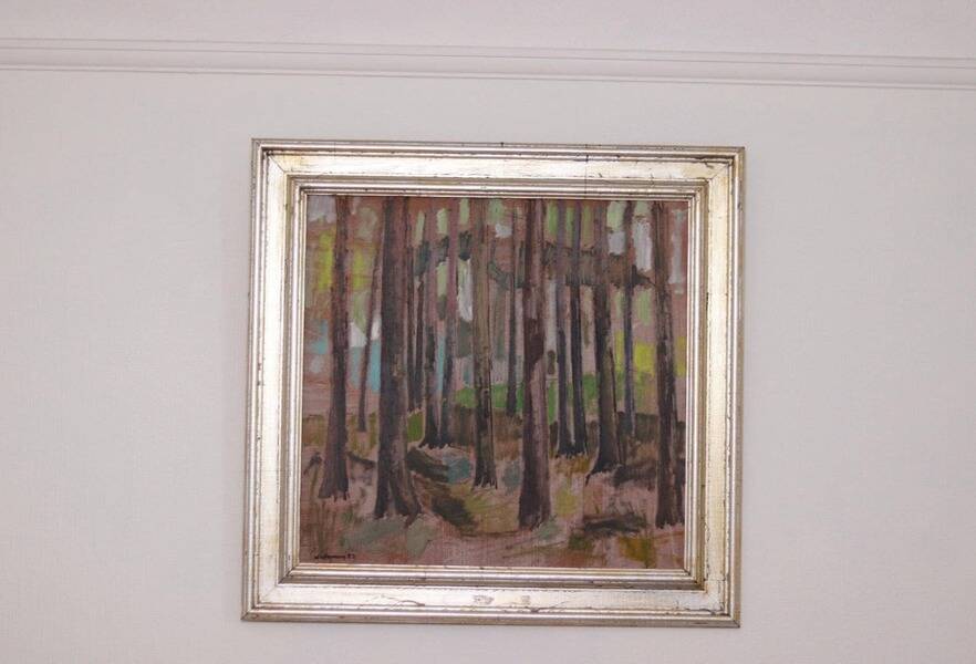 Original mid-century Swedish oil on panel – “Tree Trunks” by Harry Wichmann – dated 1953 – vintage & framed – 69 × 71 cm