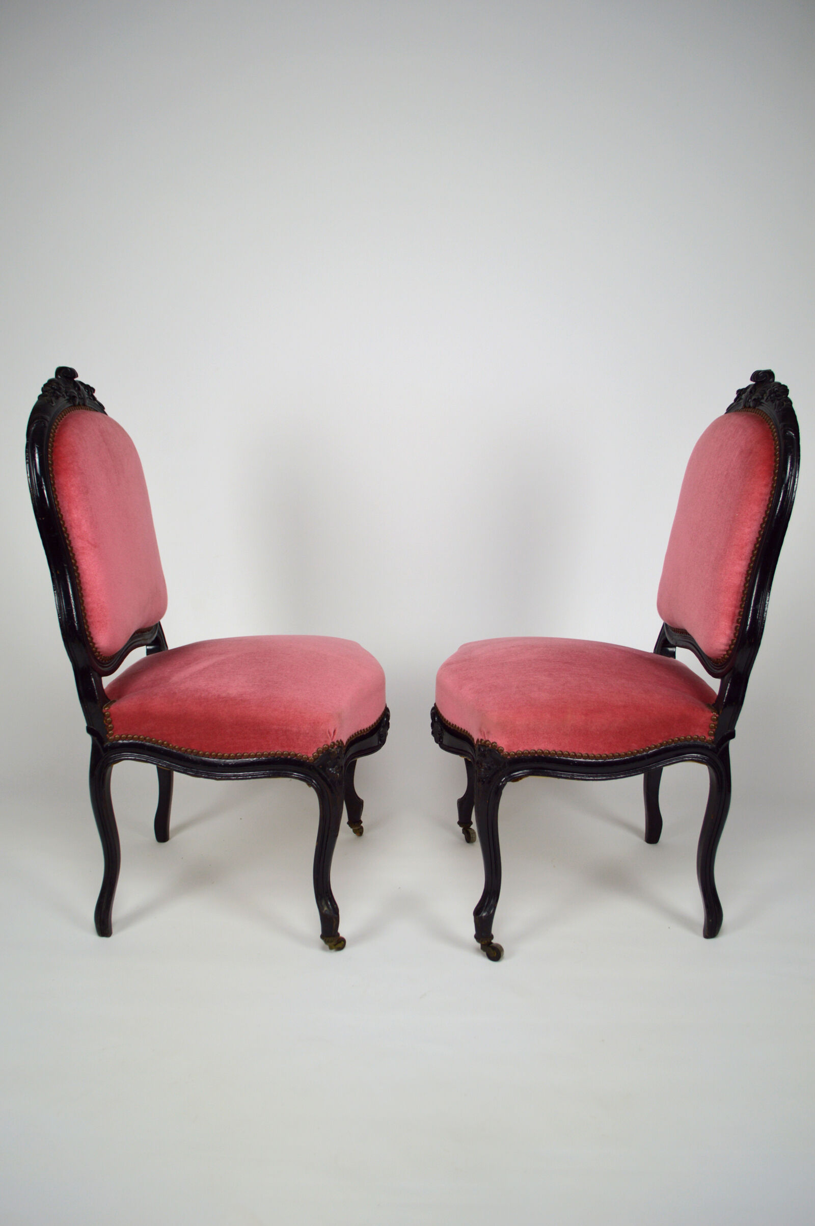 Napoleon III chairs in blackened wood and pink velvet, France, circa 1870