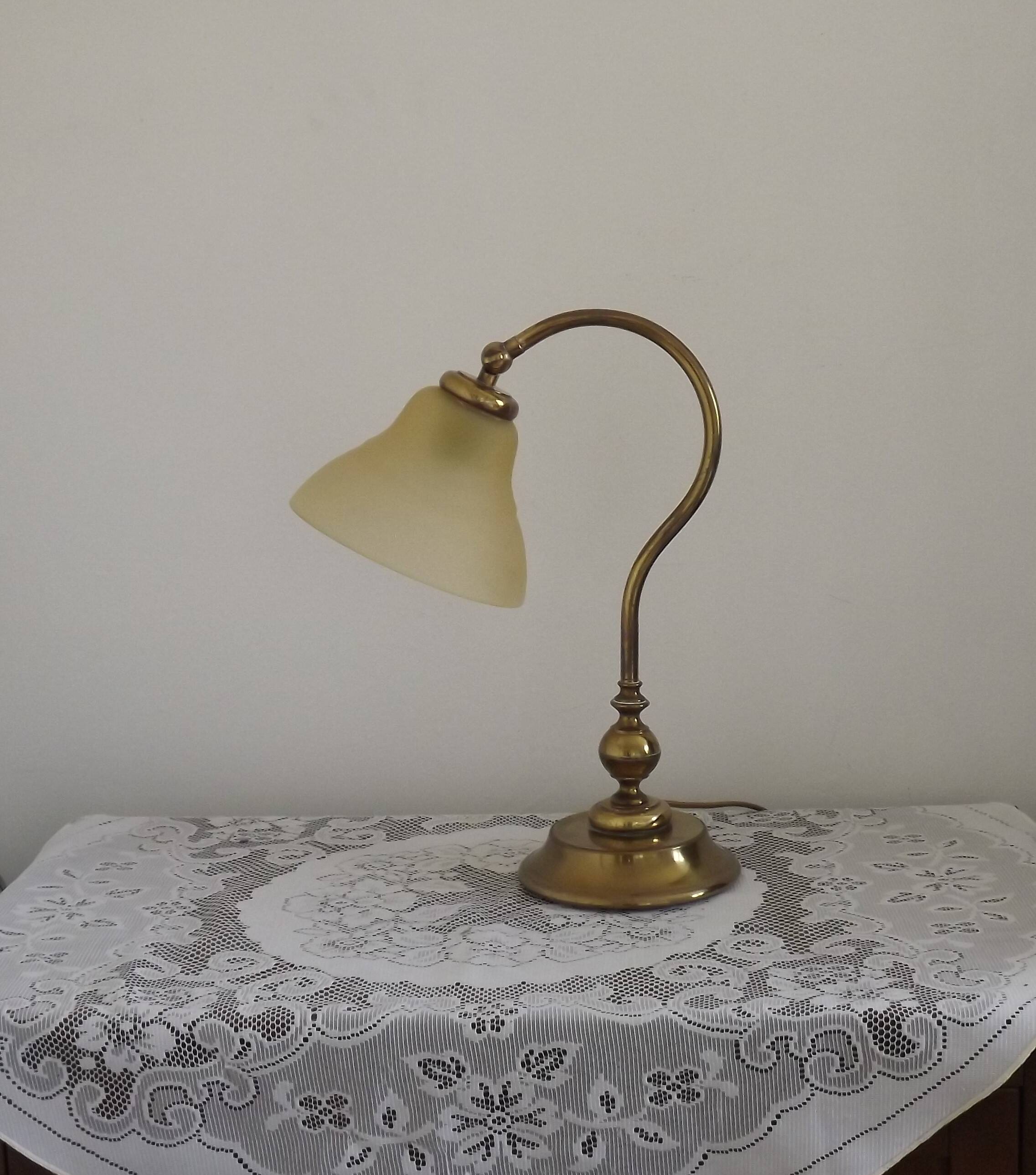 French Vintage Brass Goose Neck Table Lamp Patterned Glass Shade 5353