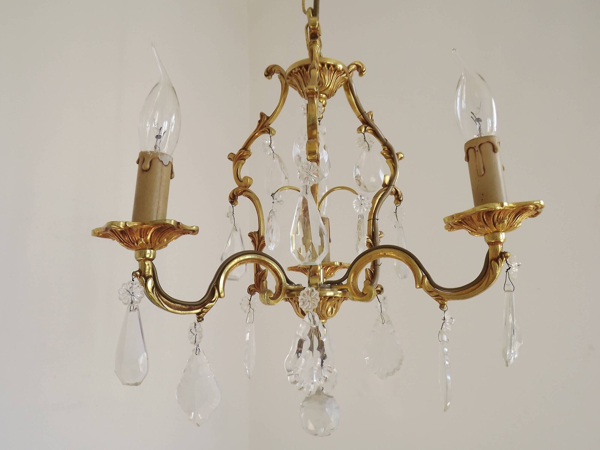 French Vintage Brass Mid Century 3 Light 3 Sided Crystal Cage Chandelier