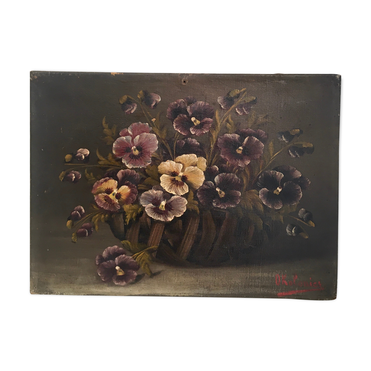Signed oil on canvas, basket of flowers, early 20th century