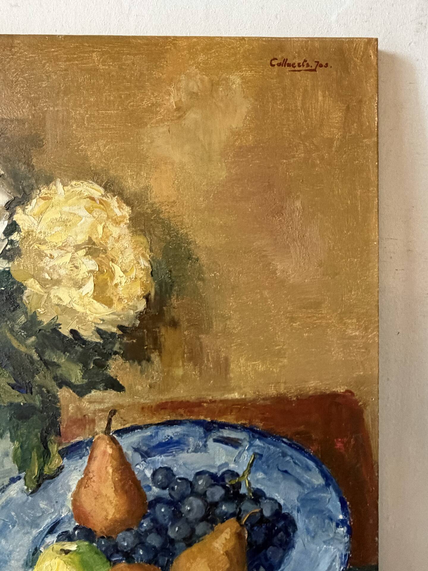 Fleurs et fruits, huile sur toile signée 1970