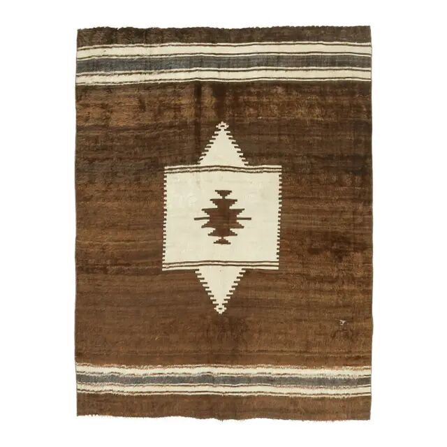Vintage Turkish Hand-Knotted Wool Cotton Brown Kilim Area Rug 148x198