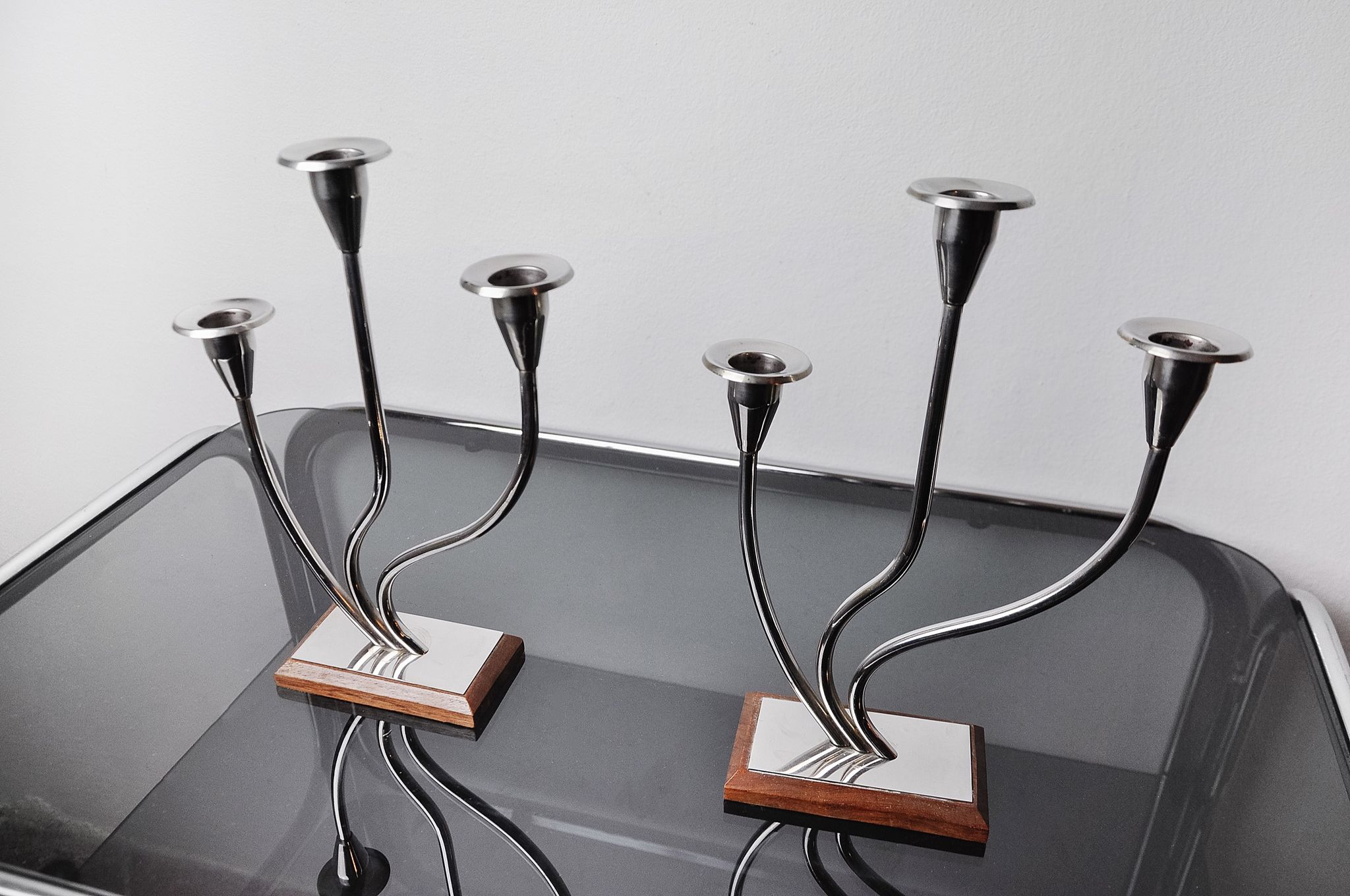 Pair of art deco candle holder in stainless steel 3 flames, Spain, 1970