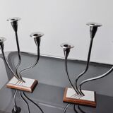 Pair of art deco candle holder in stainless steel 3 flames, Spain, 1970