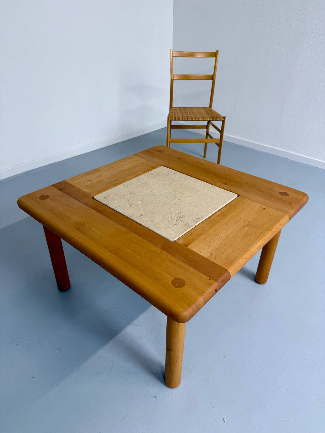Table basse ancienne bois et travertin design des années 70 vintage