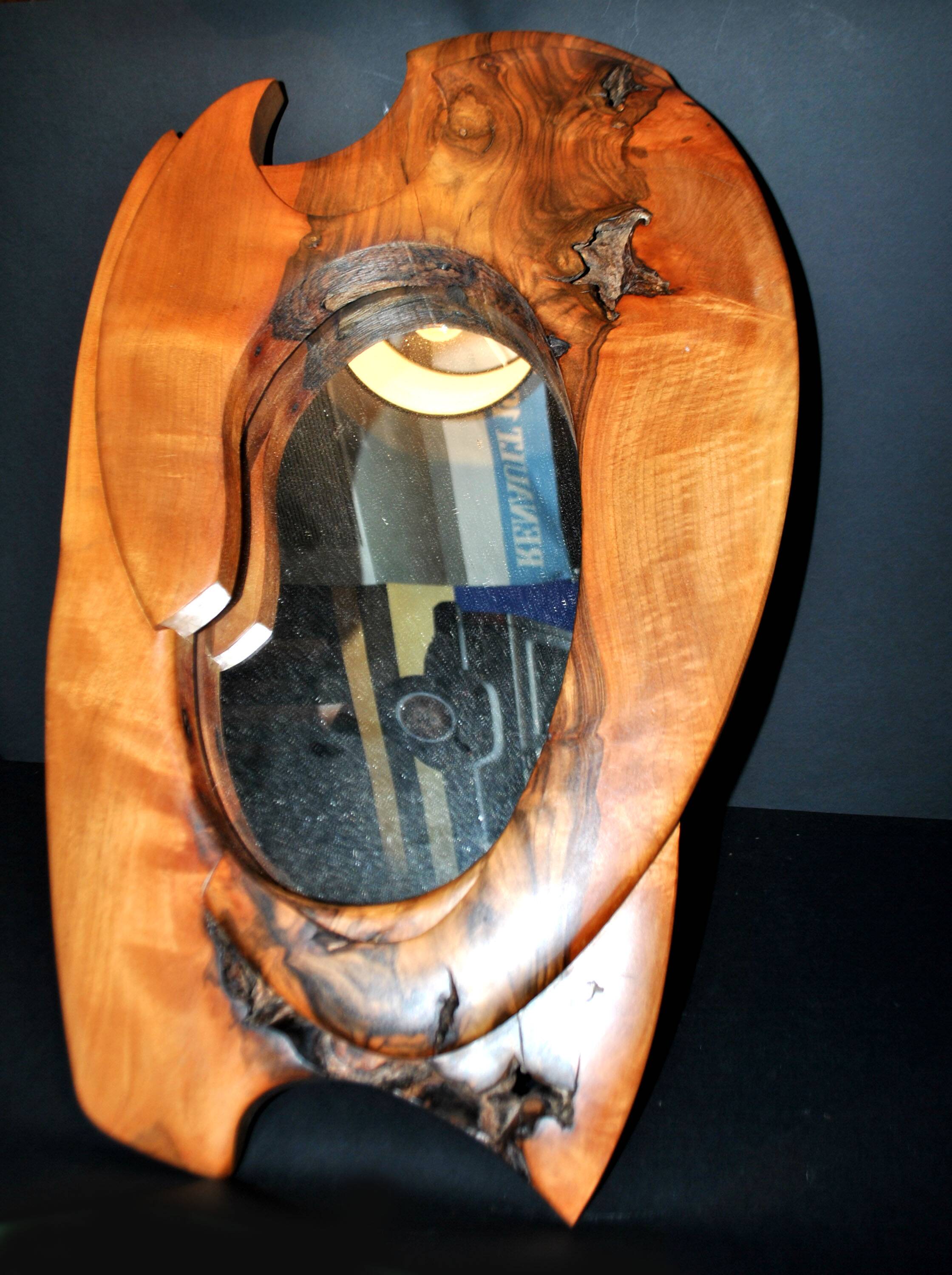 Vintage oval mirror in solid olive wood - Modernist design 1960-1970