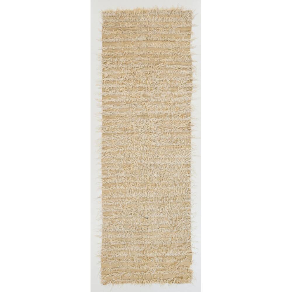 Minimalist Vintage Handknotted Ivory Tulu Runner Rug, 100% Undyed Mohair Wool