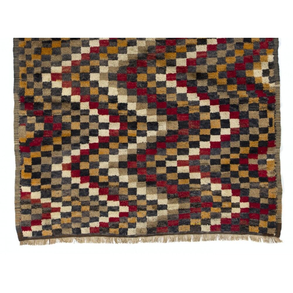 Vintage Hand-Knotted Turkish Tulu Rug with Checkered Zigzag Design in Red, Yellow, Gray and Brown, 100% Wool