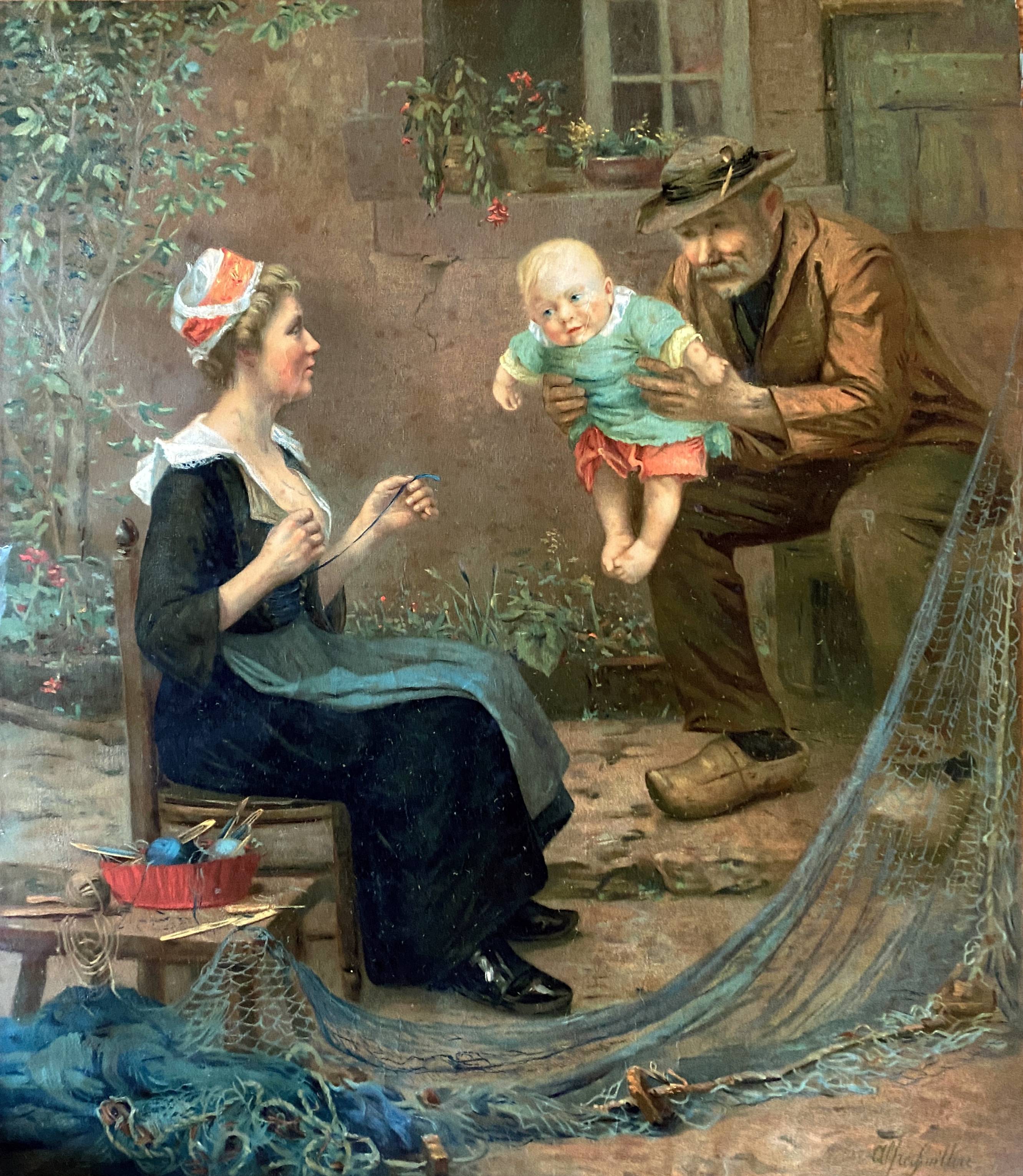 Chromo painting 1900 Breton family Baby fisherman signed