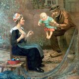 Tableau chromo 1900 famille bretonne pêcheur bébé signé