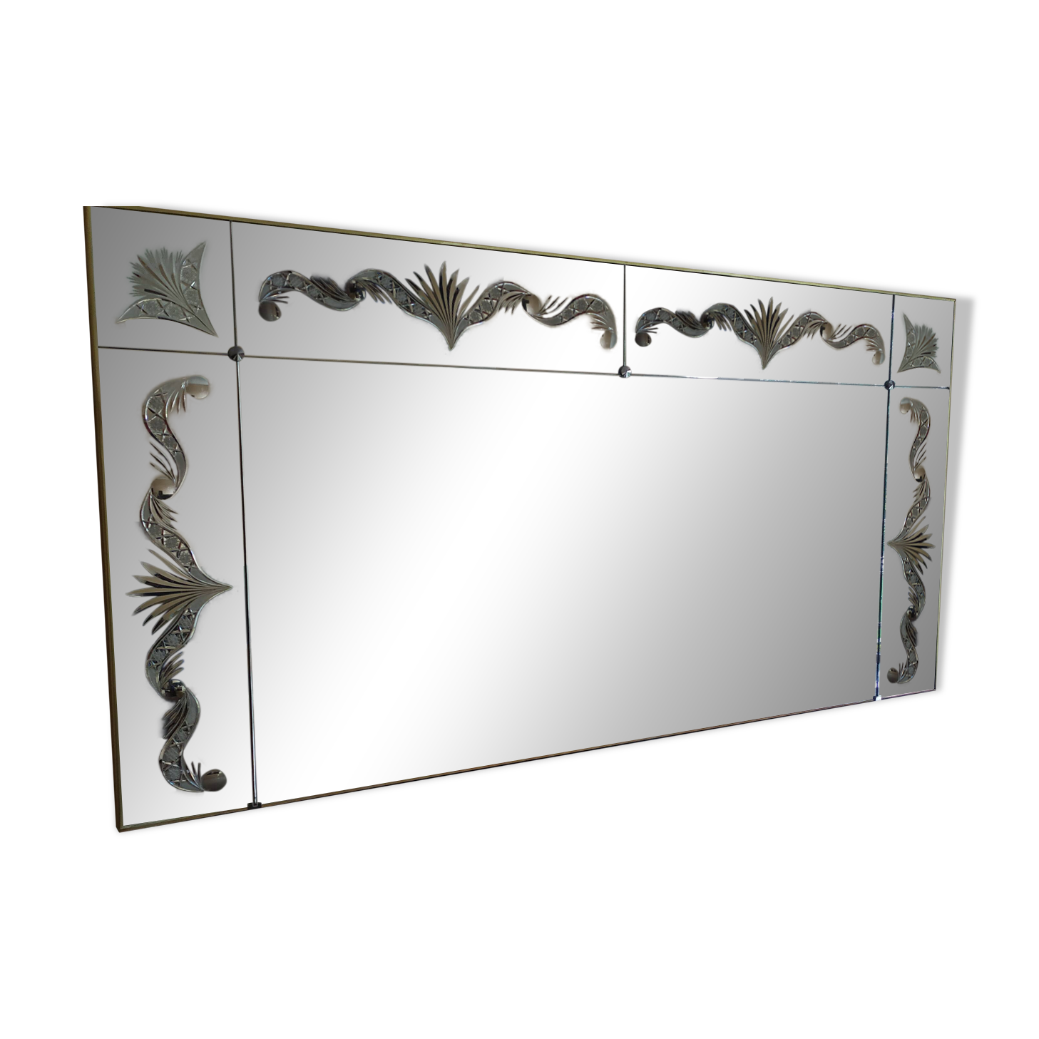 Panoramic mirror with etched parcloses in Art Deco style.