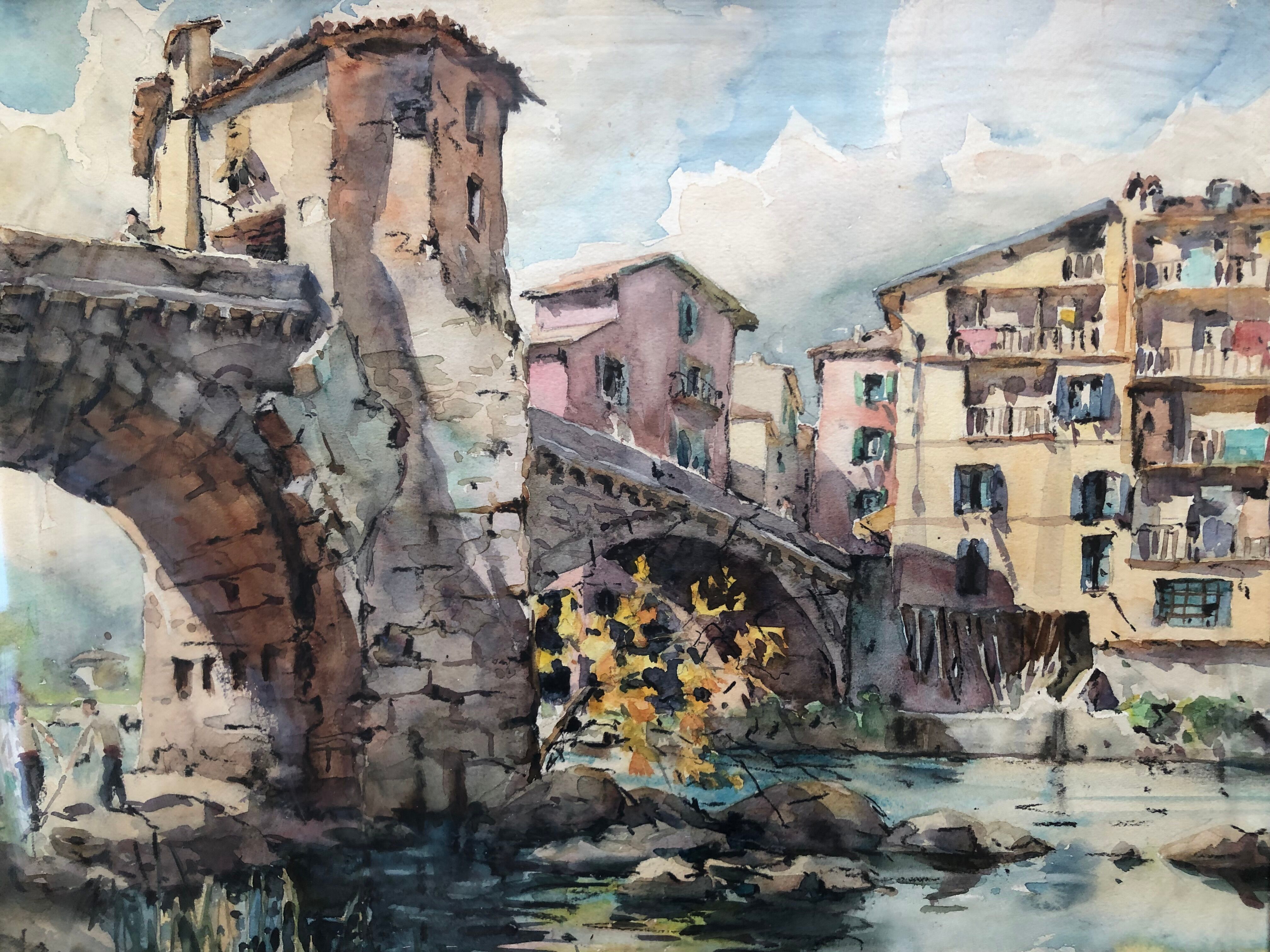 Watercolor bridge over the bevera in sospel by georges chappuis 1940, alpes maritimes 06, painting frame