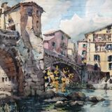 Watercolor bridge over the bevera in sospel by georges chappuis 1940, alpes maritimes 06, painting frame