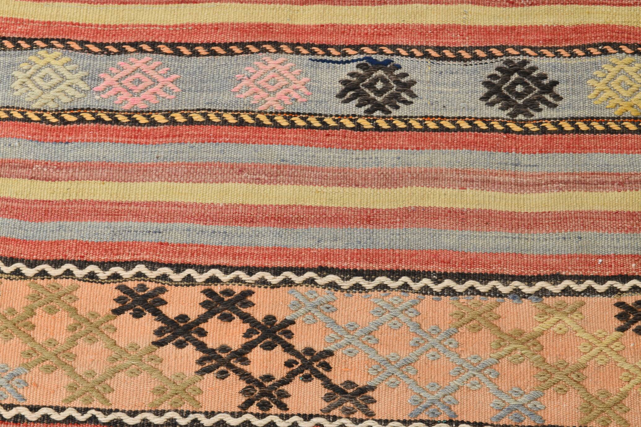 3x0 Blush Pink & Blue Striped Vintage Kilim Runner, Rugs For Bohemian Entry