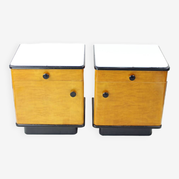 Mid Century Bedside Tables In Oak With Glass Top, Up Zavody 1960s