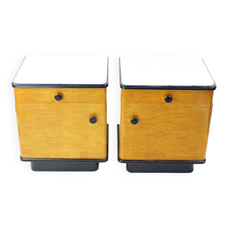 Mid Century Bedside Tables In Oak With Glass Top, Up Zavody 1960s
