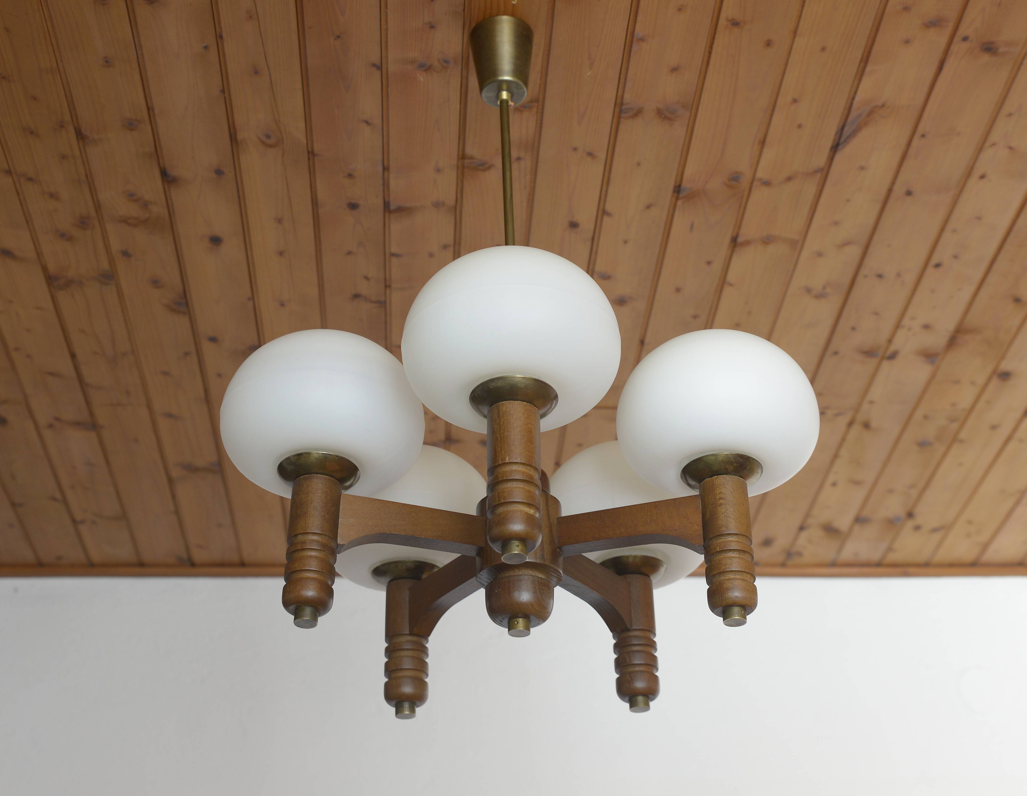 Vintage pendant lam rustic hanging mushroom chandelier wooden light 1970s