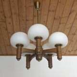 Vintage pendant lam rustic hanging mushroom chandelier wooden light 1970s