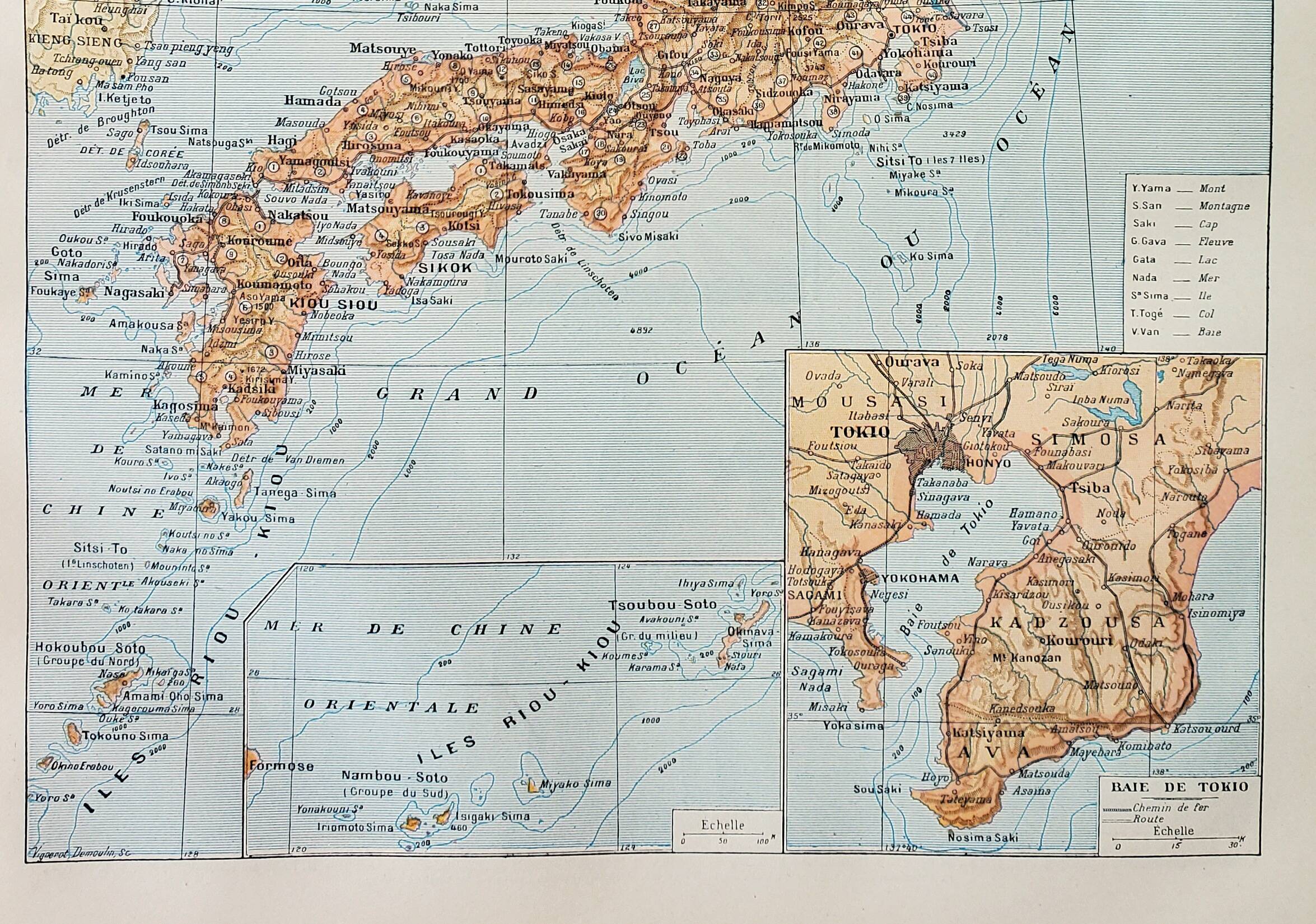 Antique engraving 1898, Japan, map, Asia, Tokyo • Lithograph, original illustration
