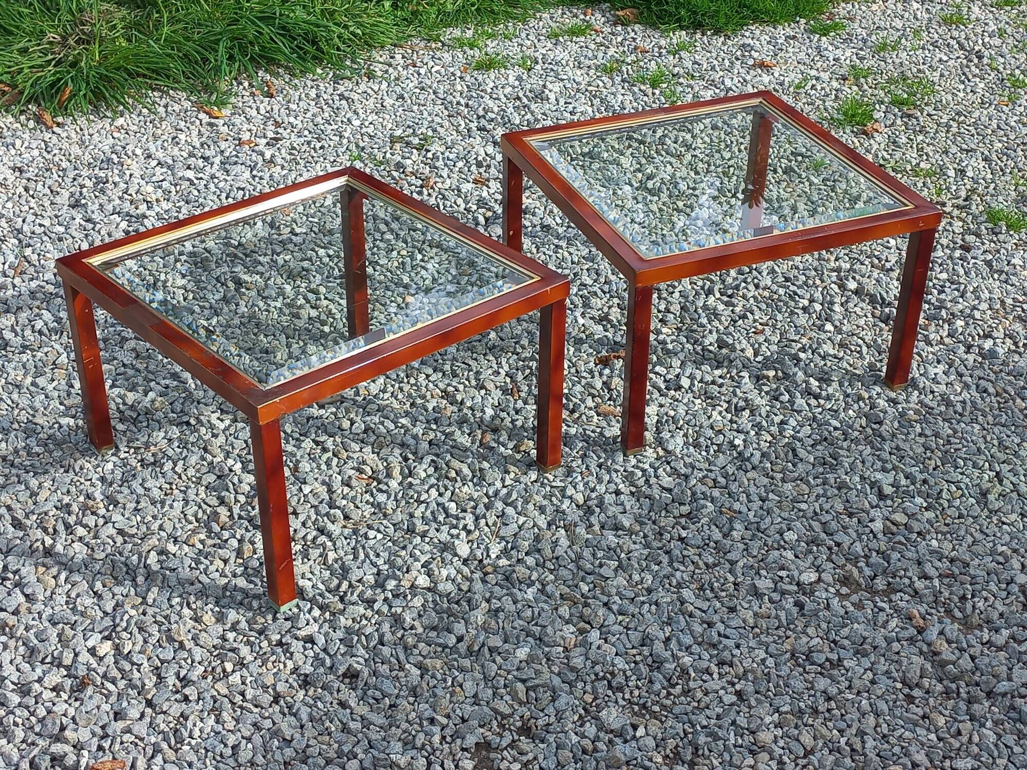 Pair of 1970s side tables in lacquered brass and glass