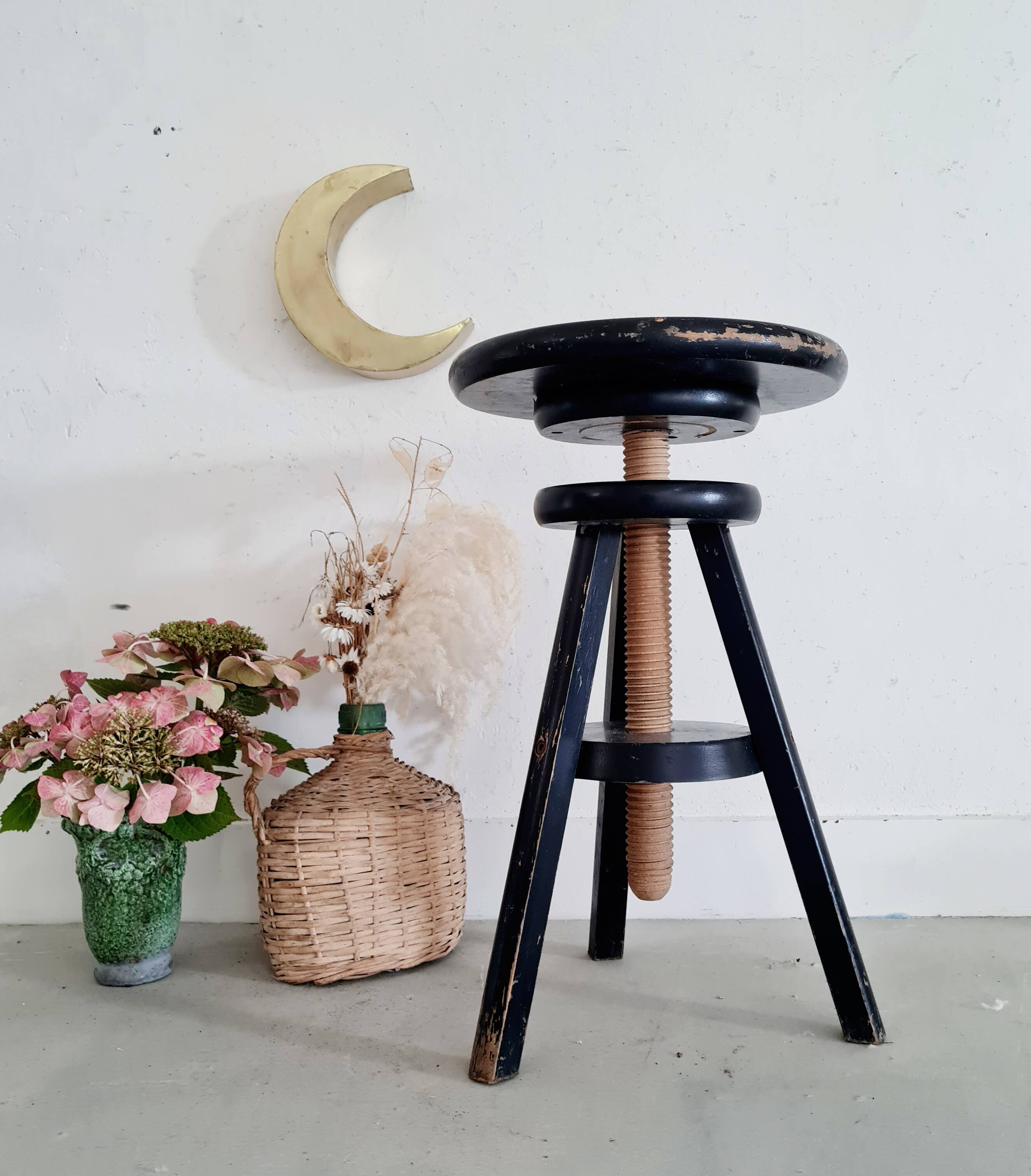 Antique black piano stool in adjustable wood