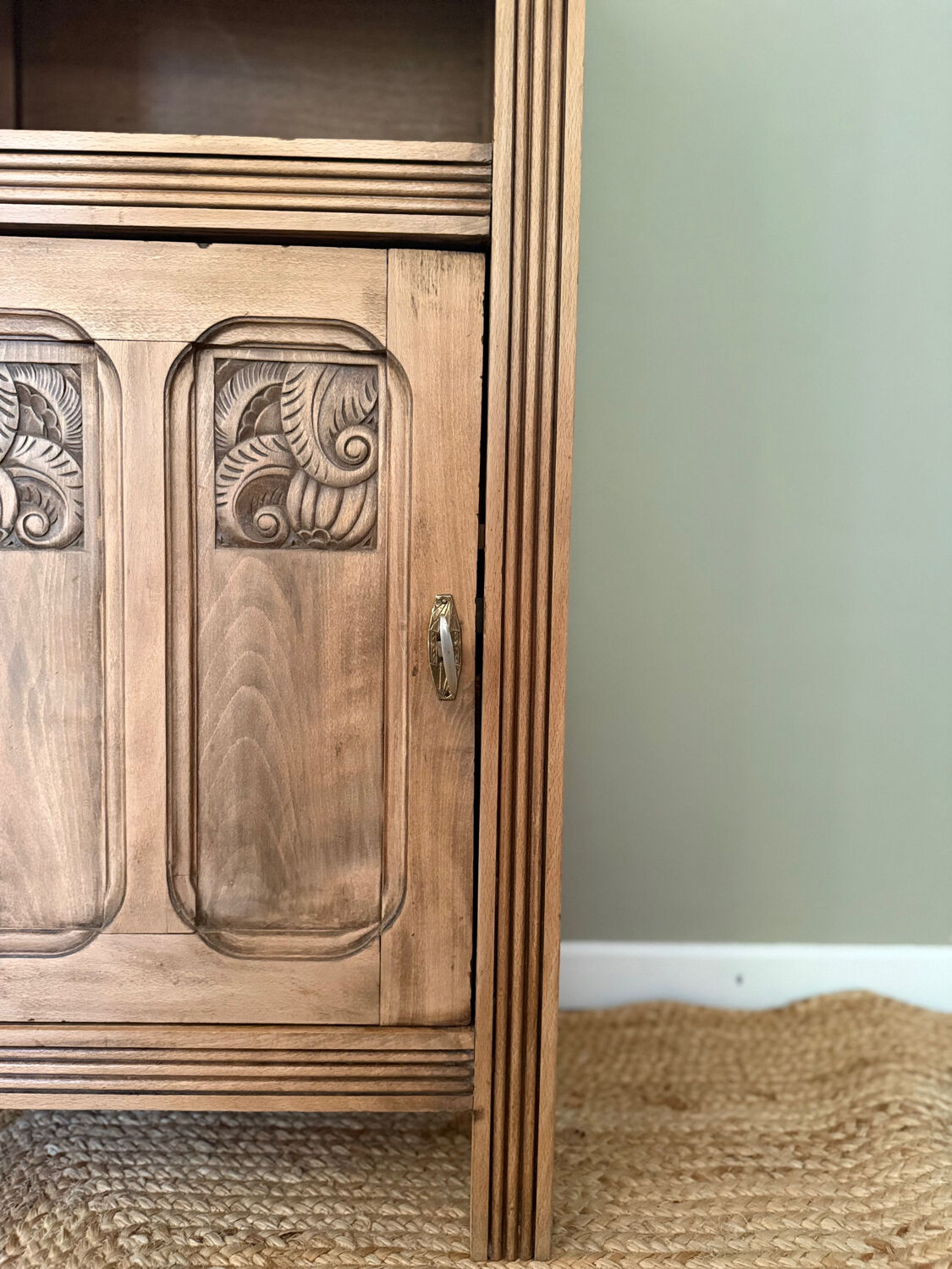 Small Art Deco jam cabinet in carved blonde oak