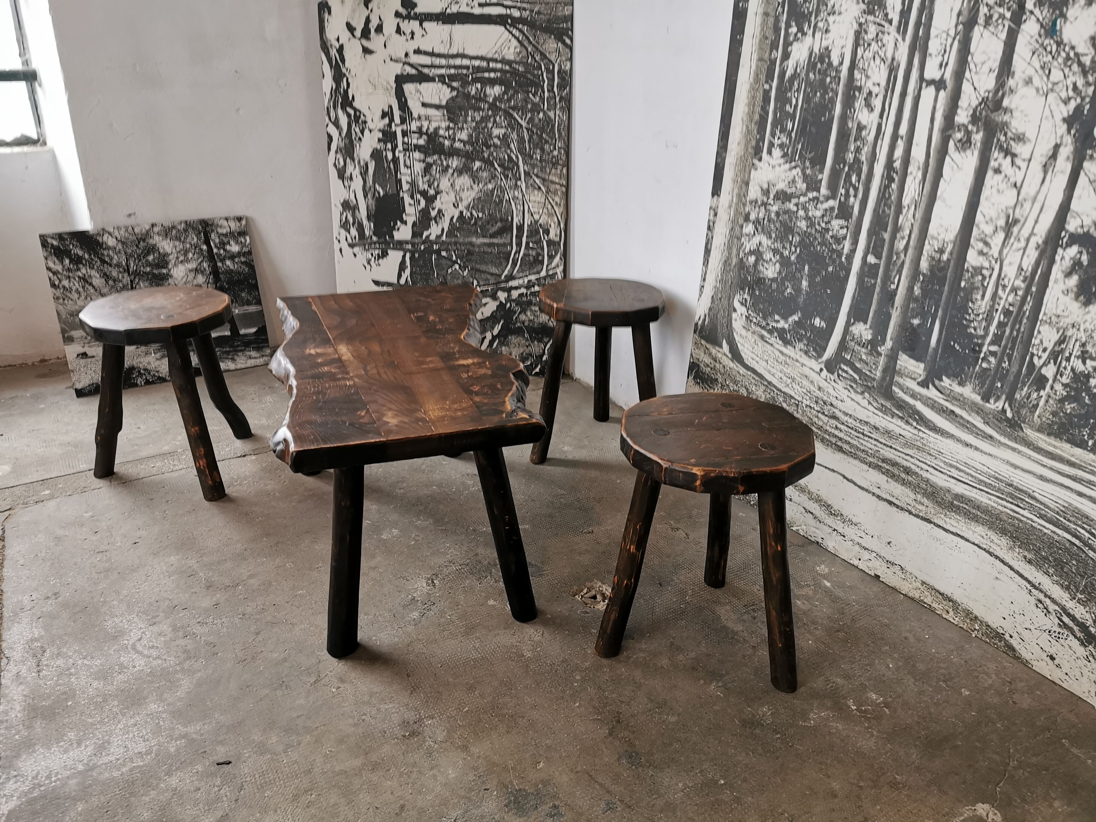 Brutalist, primitive wooden coffee table.