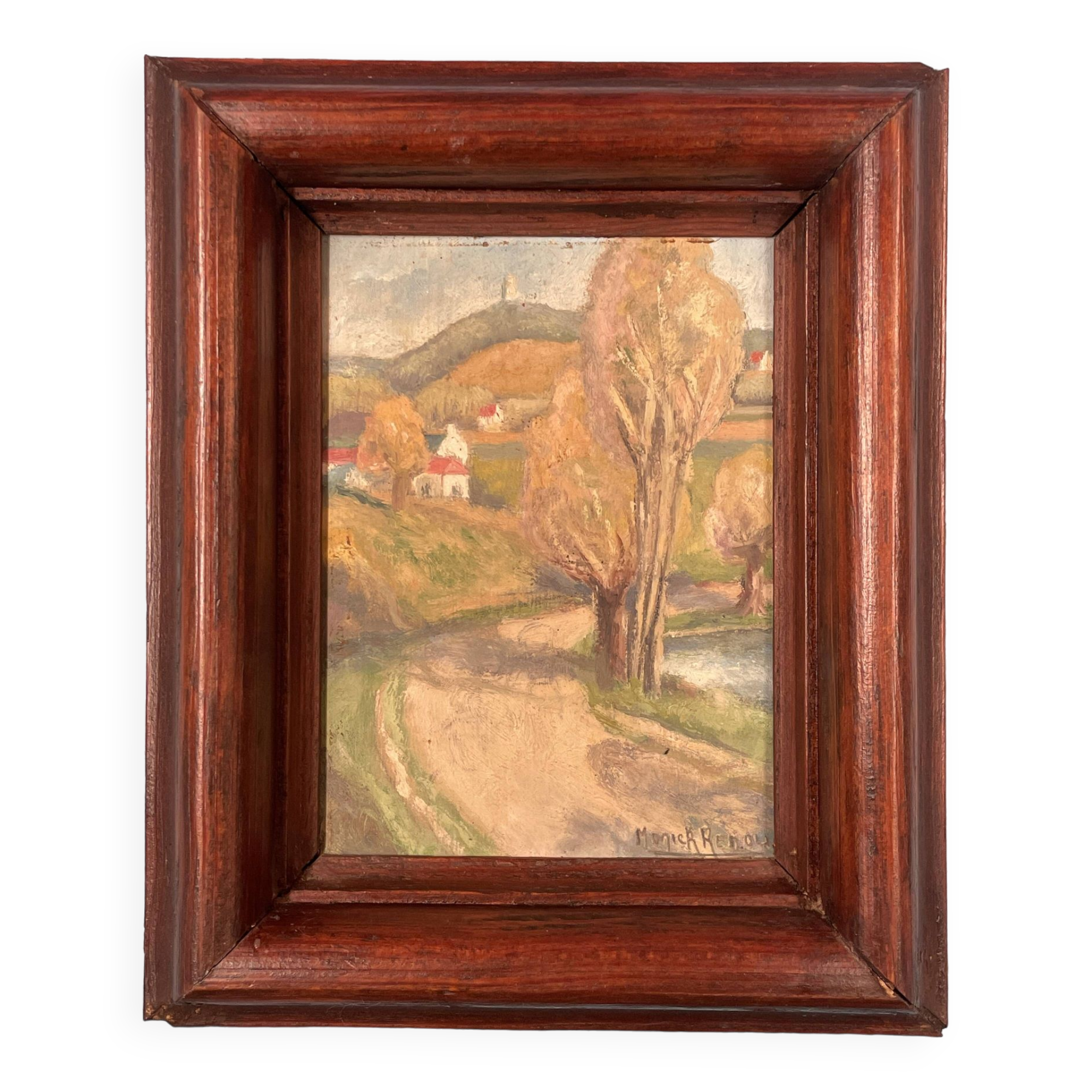 Small landscape painting on hardboard in molded natural wood frame, Monick Renou